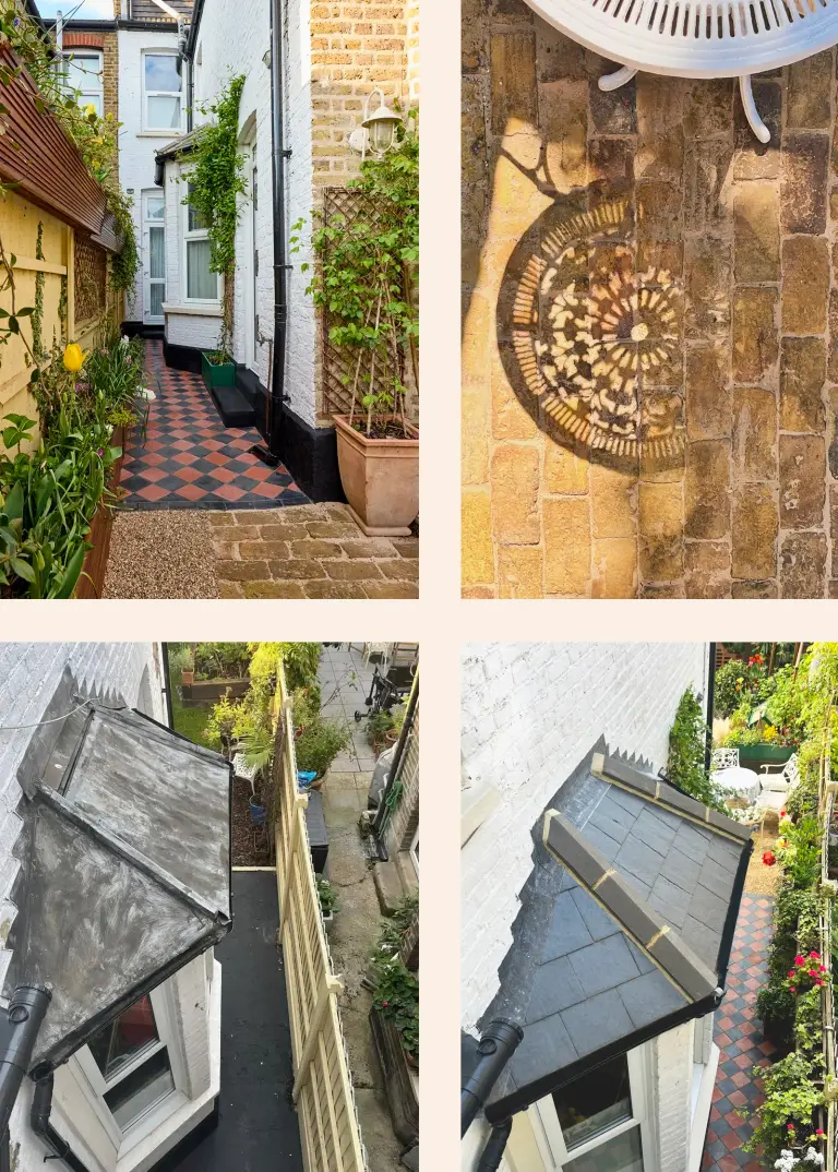 Reclaimed brick patio, side alley with Victorian quarry tiles, and new Welsh slate roof