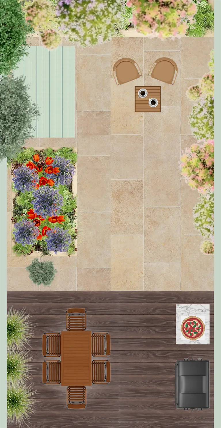 Illustrated garden design plan with colour scheme