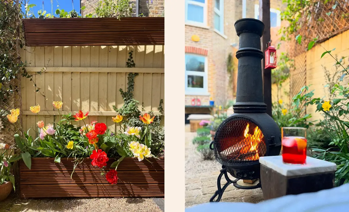 Grand pergola with Sissinghurst bench and chiminea in rear terrace
