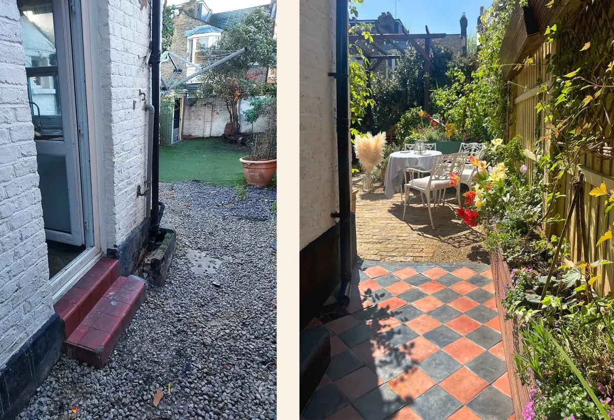Original London stock brick path with rows of lavender in gravel beds