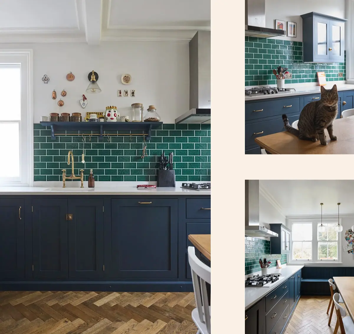 DeVol bespoke storage bench under sash window with vintage wooden table