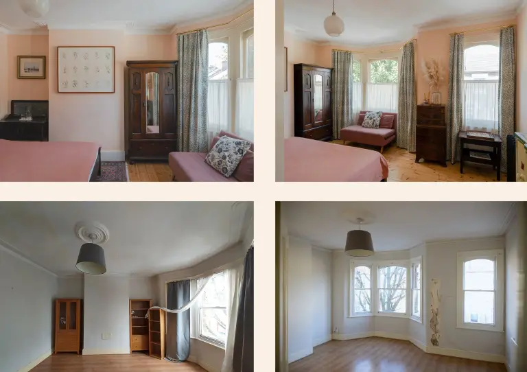Master bedroom with restored pine floors and original cornicing